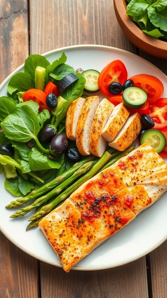 A colorful low carb meal with grilled chicken salad and baked salmon on a wooden table.